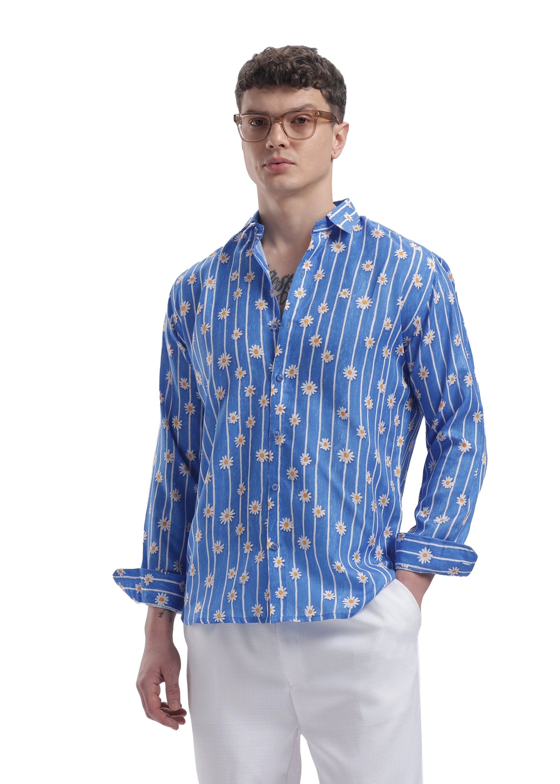 I'MHERE Essentials Powder Blue Daisy stripe full sleeve shirt