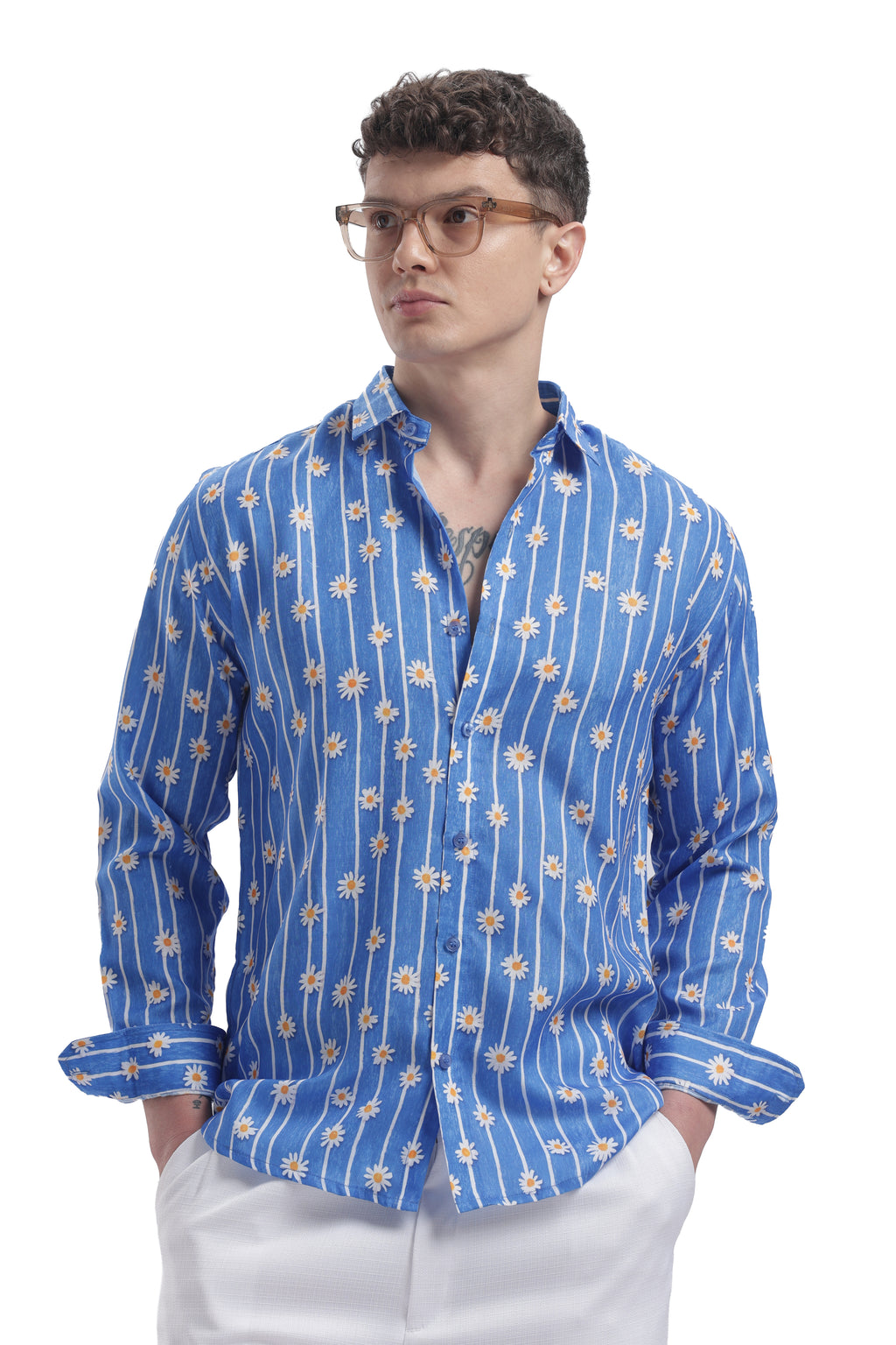 I'MHERE Essentials Powder Blue Daisy stripe full sleeve shirt