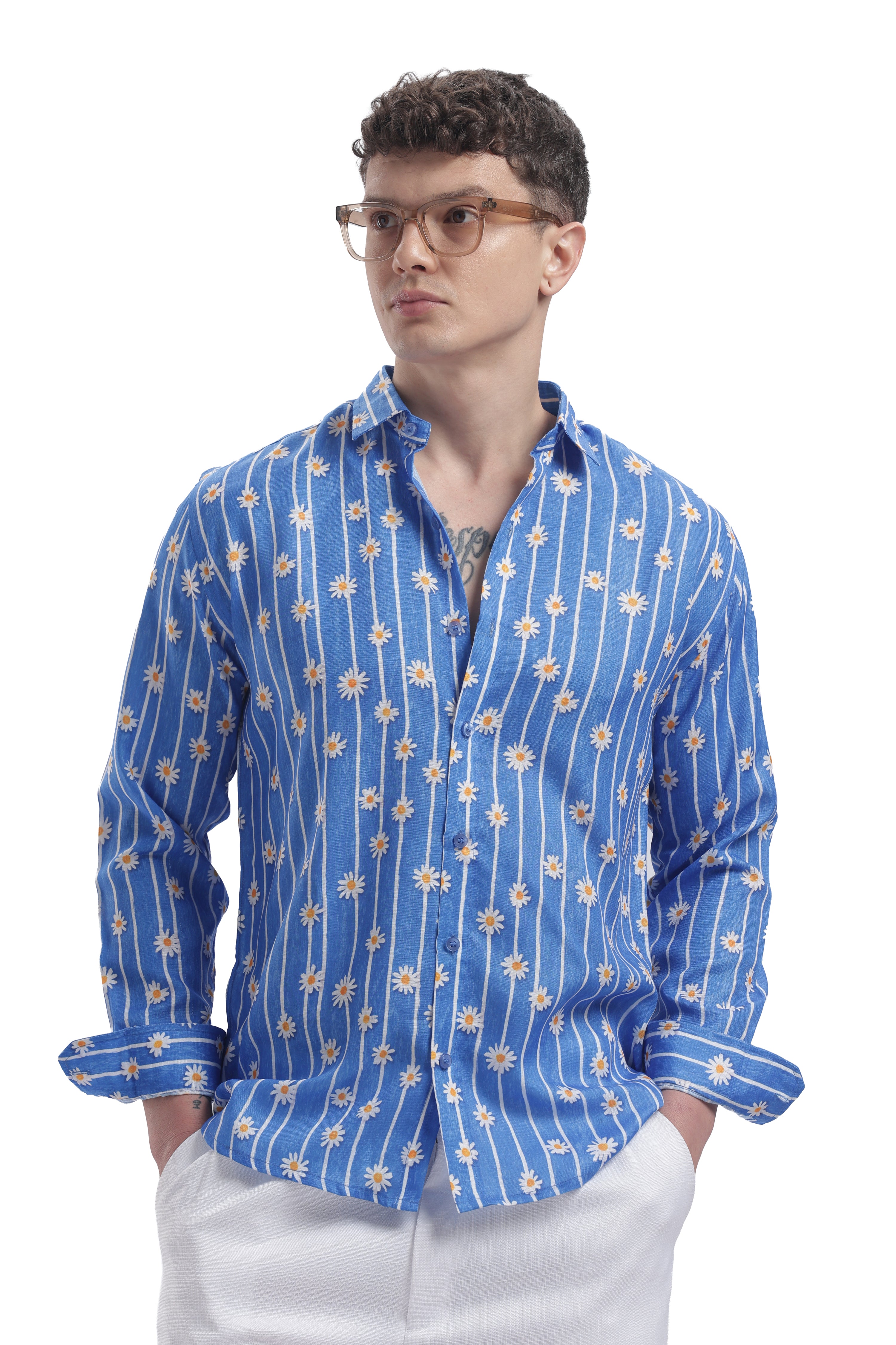 I'MHERE Essentials Powder Blue Daisy stripe full sleeve shirt