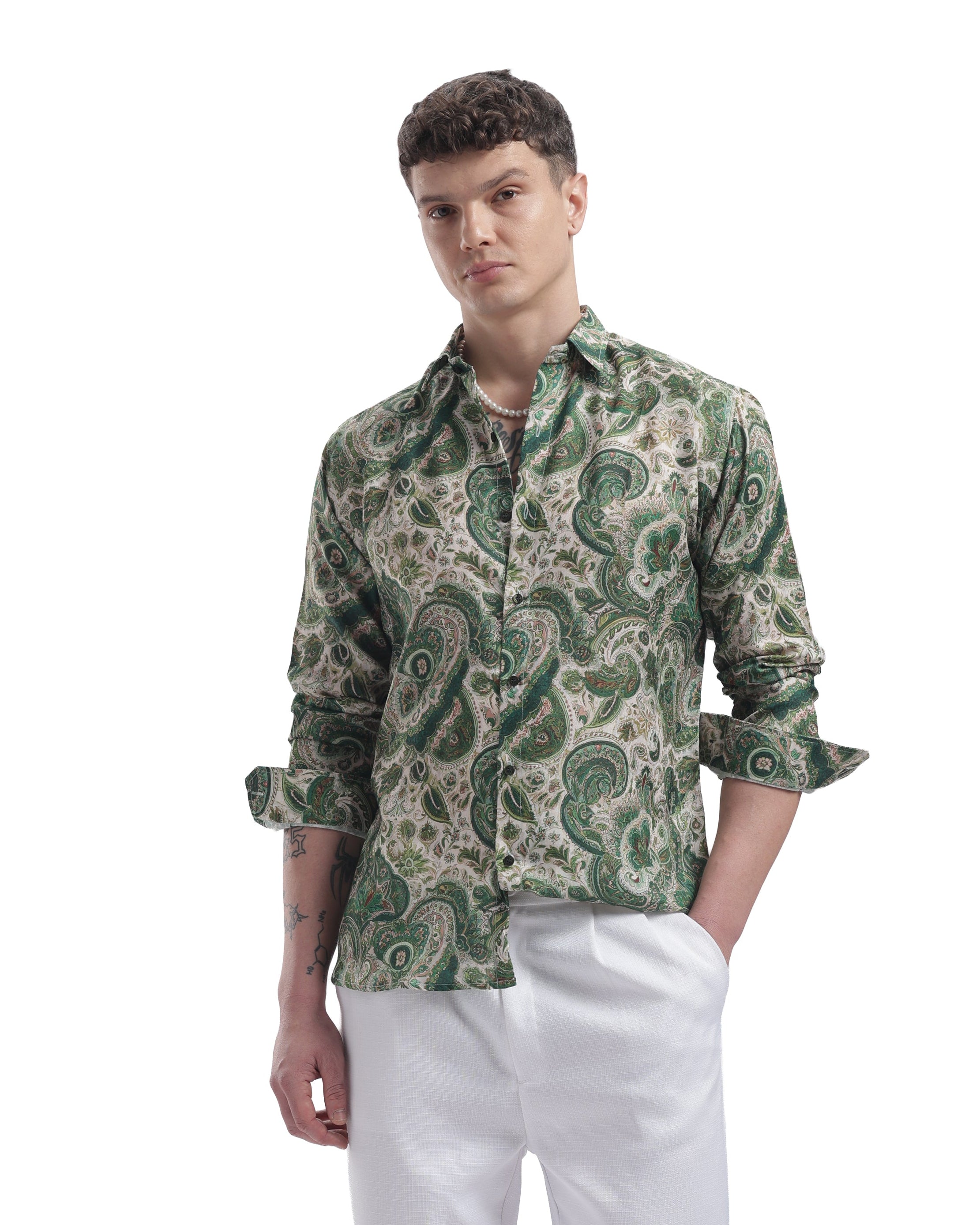 Moss Green Paisley Full Sleeve Shirt | I'MHERE Essentials India