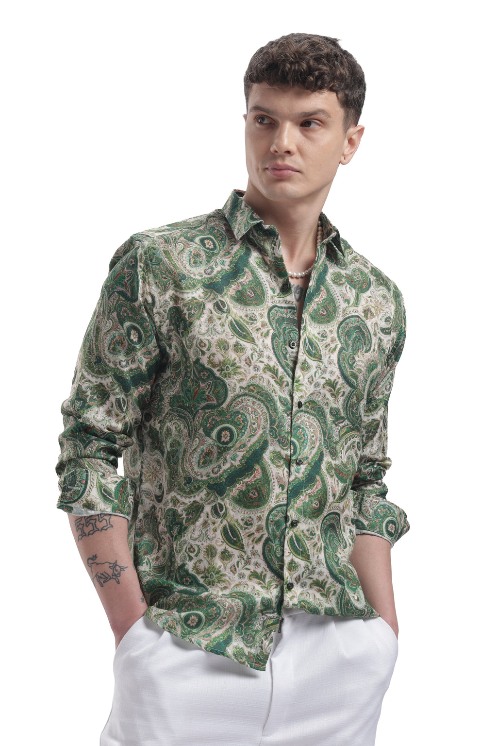 I'MHERE Essentials Moss Green Paisley full sleeve shirt