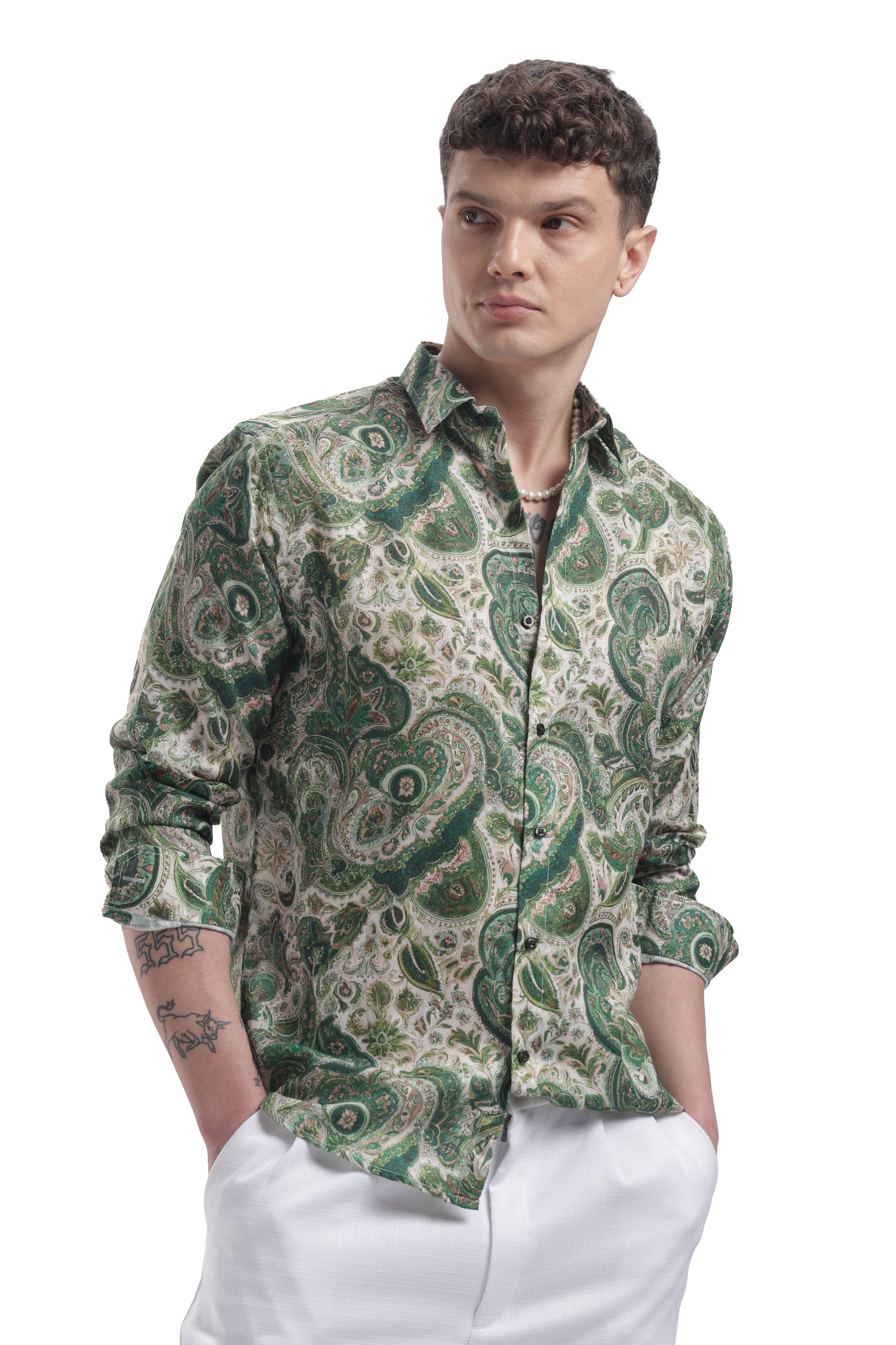 I'MHERE Essentials Moss Green Paisley full sleeve shirt
