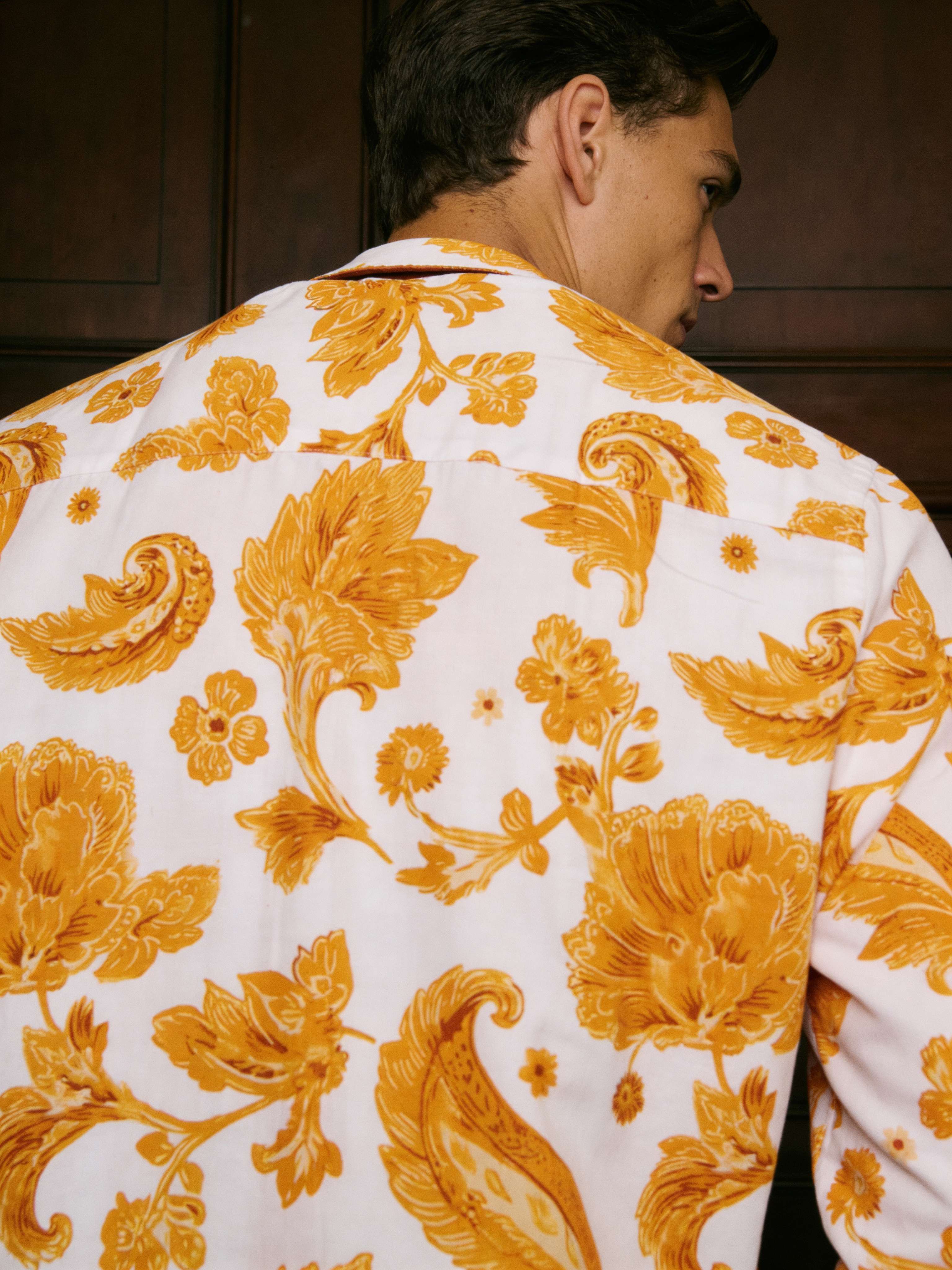 Marigold Golden Floral Printed Full Sleeve Shirt | I'M HERE