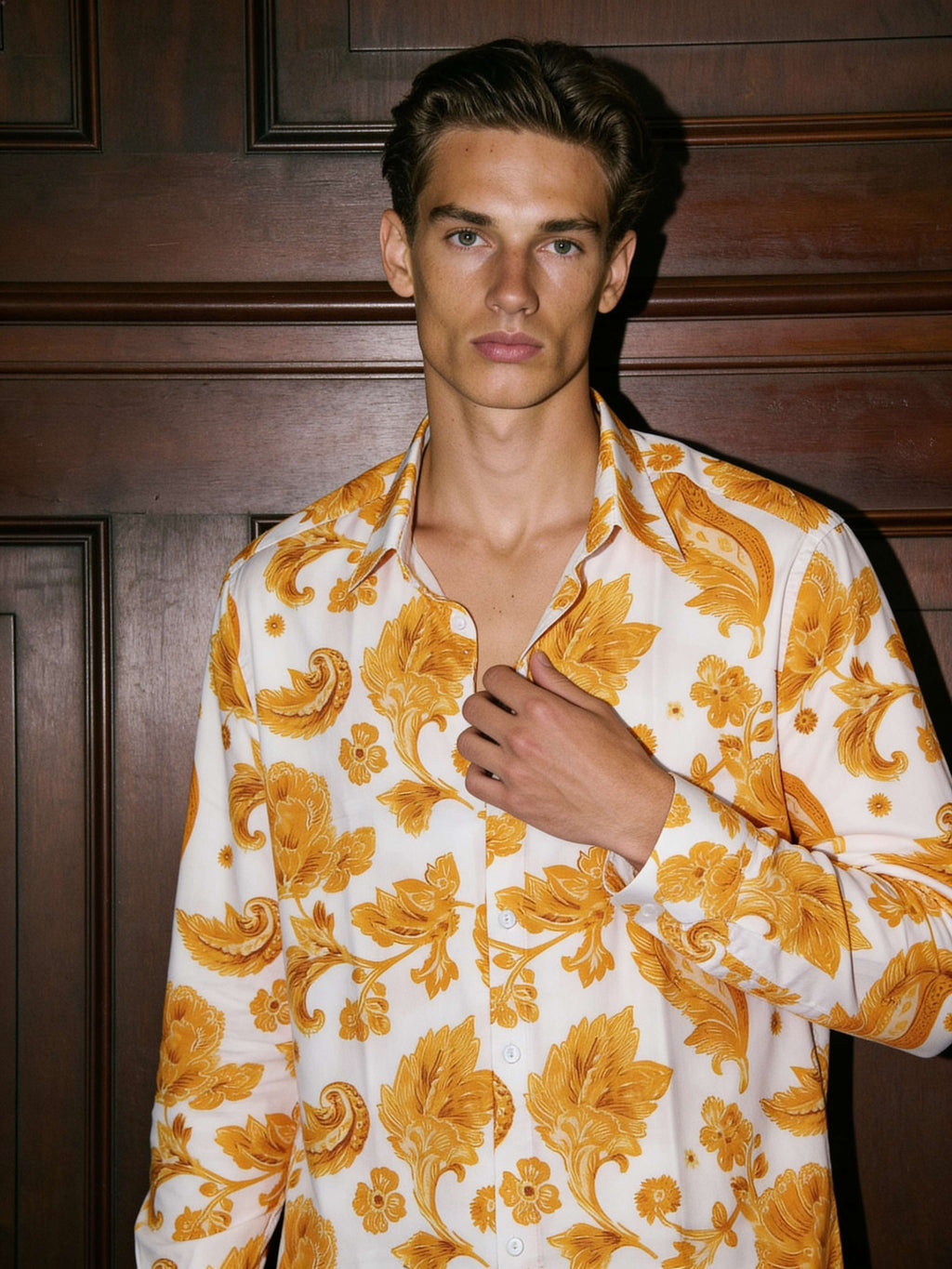 Marigold Golden Floral Printed Full Sleeve Shirt | I'M HERE