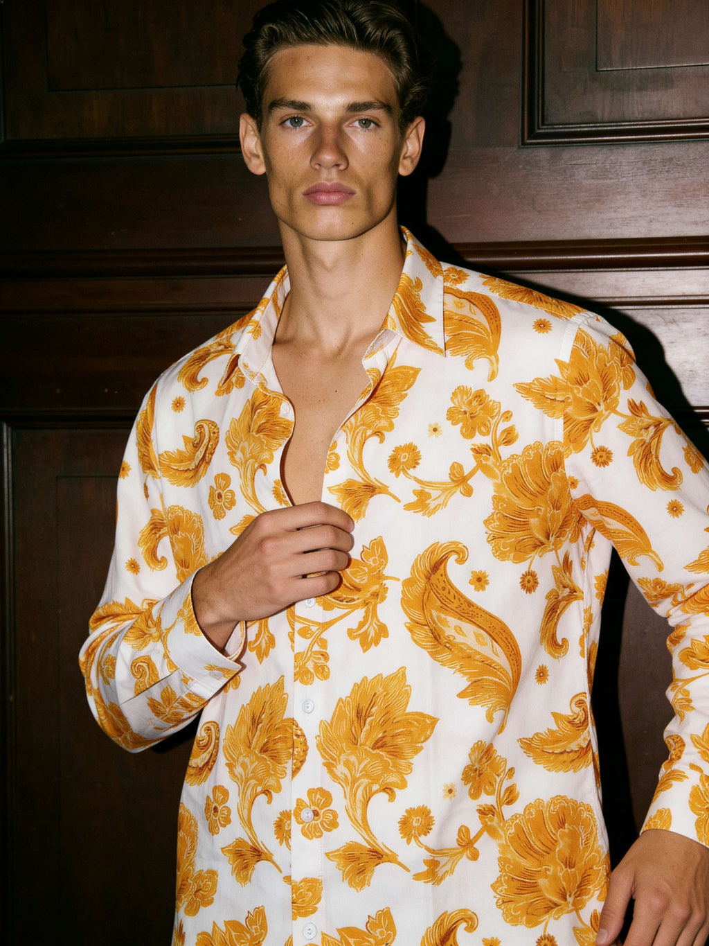 Marigold Golden Floral Printed Full Sleeve Shirt | I'M HERE