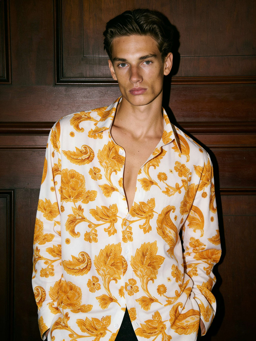 Marigold Golden Floral Printed Full Sleeve Shirt | I'M HERE