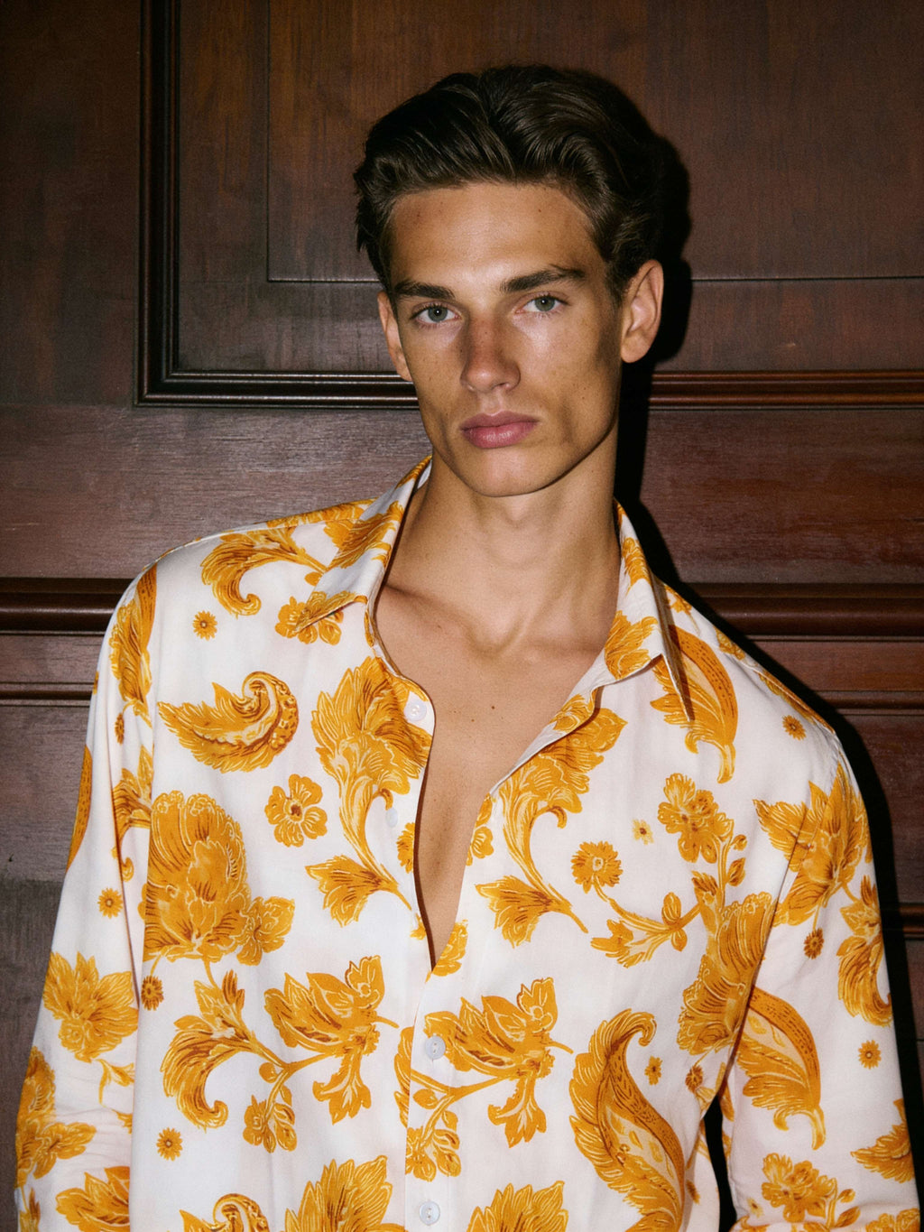 Marigold Golden Floral Printed Full Sleeve Shirt | I'M HERE