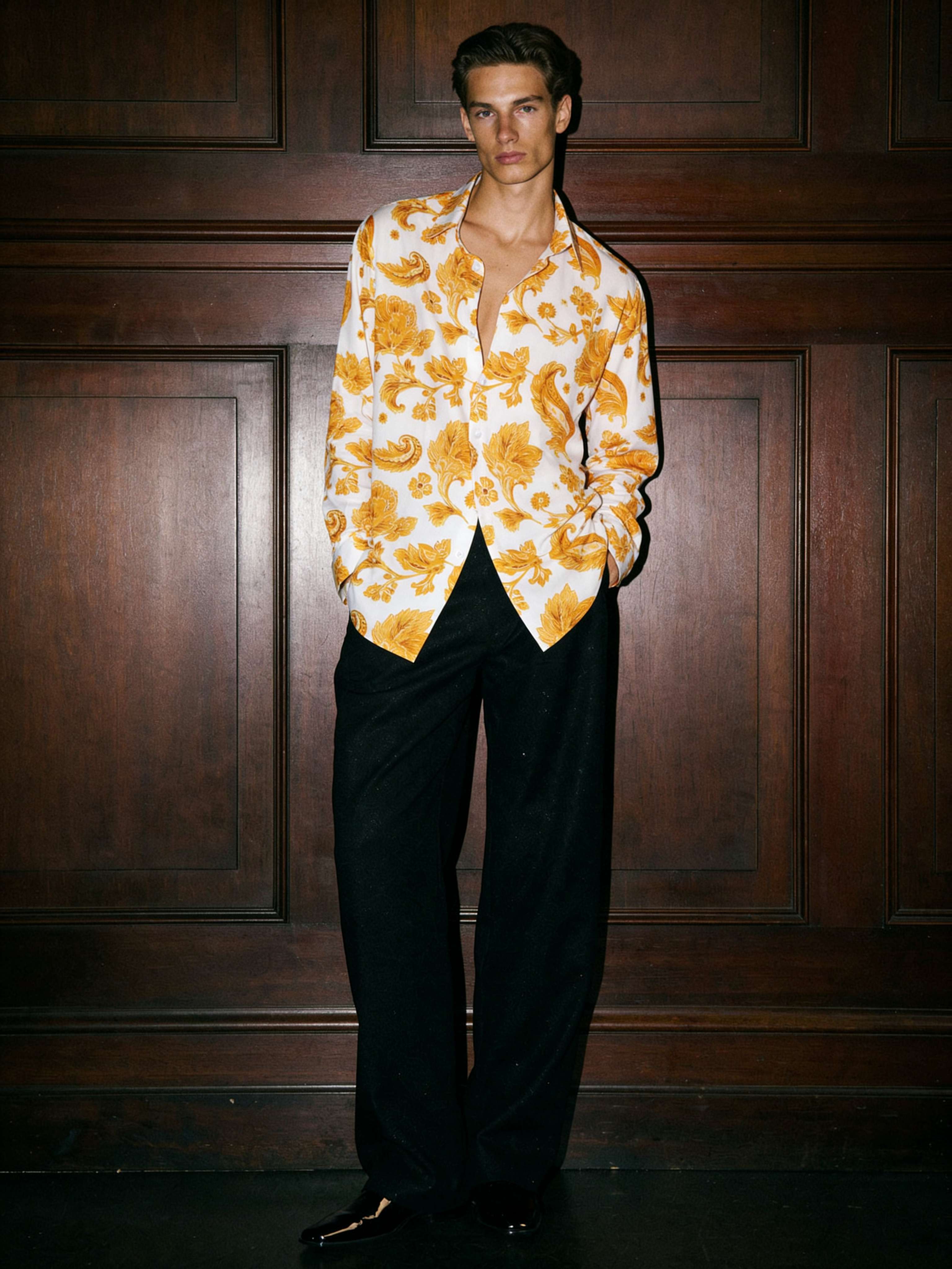 Marigold Golden Floral Printed Full Sleeve Shirt | I'M HERE