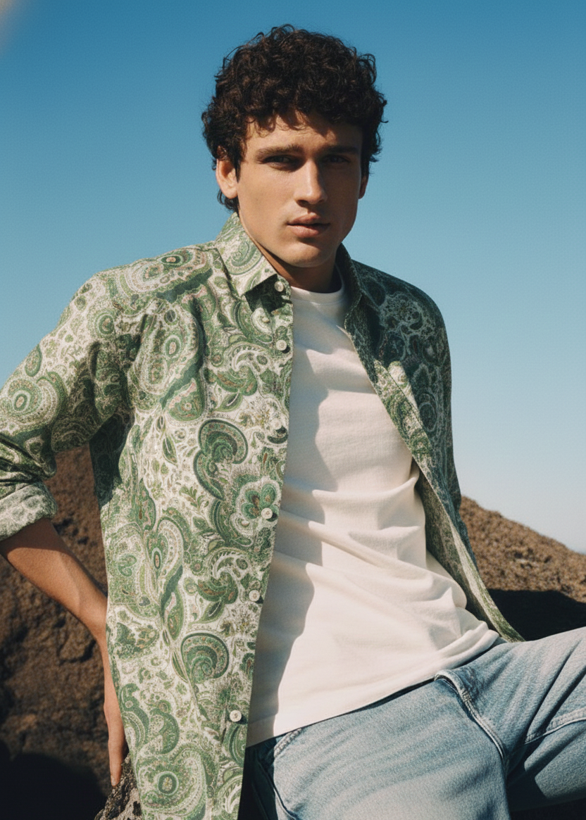 I'MHERE Essentials Moss Green Paisley full sleeve shirt