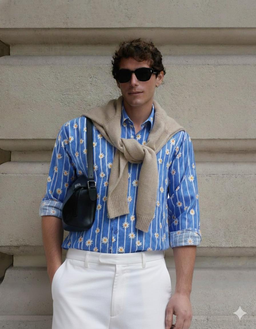 I'MHERE Essentials Powder Blue Daisy stripe full sleeve shirt