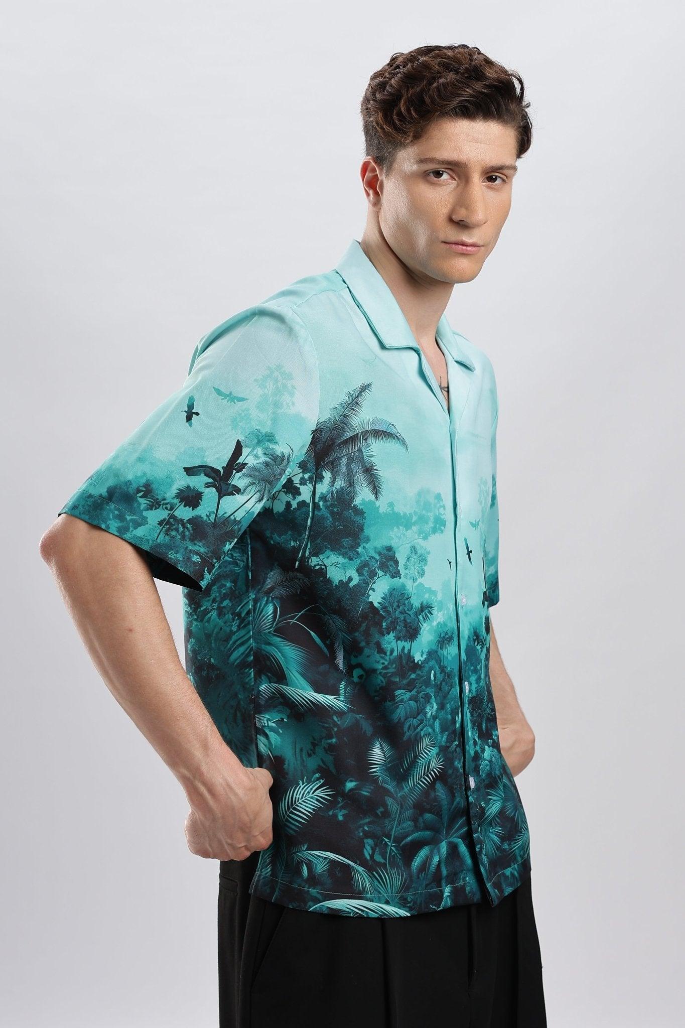 Teal forest portrait Resort collar shirt - I'M HERE