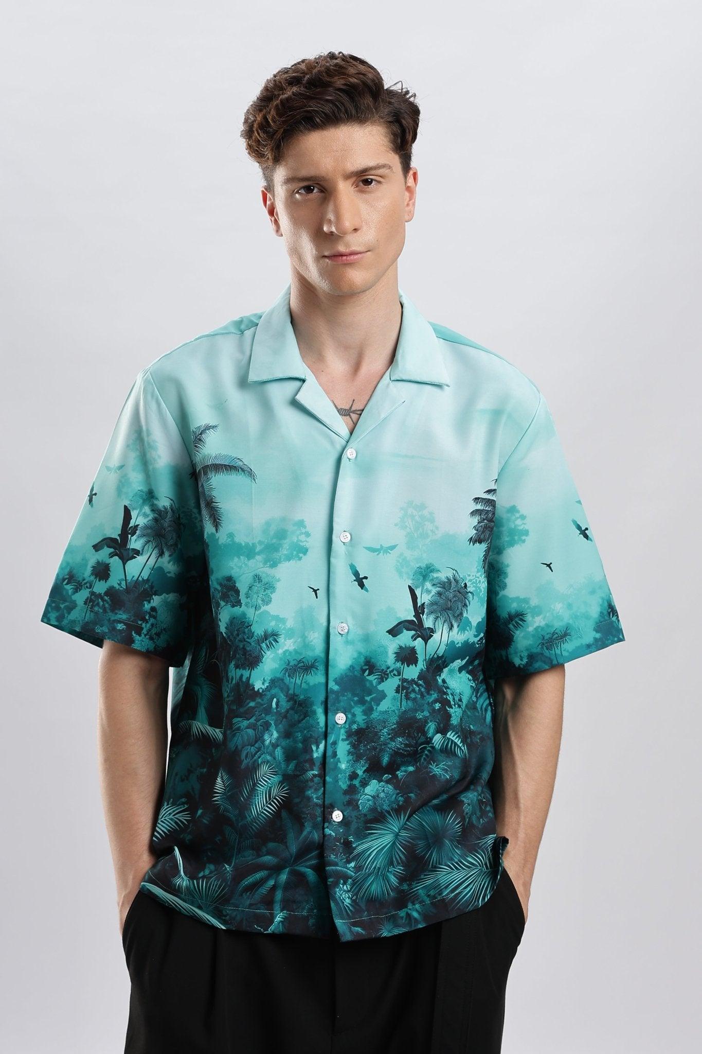 Teal forest portrait Resort collar shirt - I'M HERE